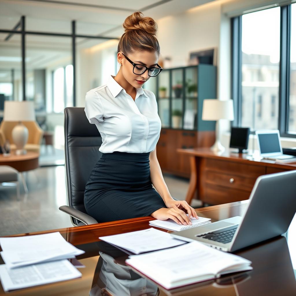 A shapely secretary in a professional office setting, wearing a fitted pencil skirt and a smart blouse