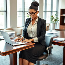 A shapely secretary in a professional office setting, wearing a fitted pencil skirt and a smart blouse