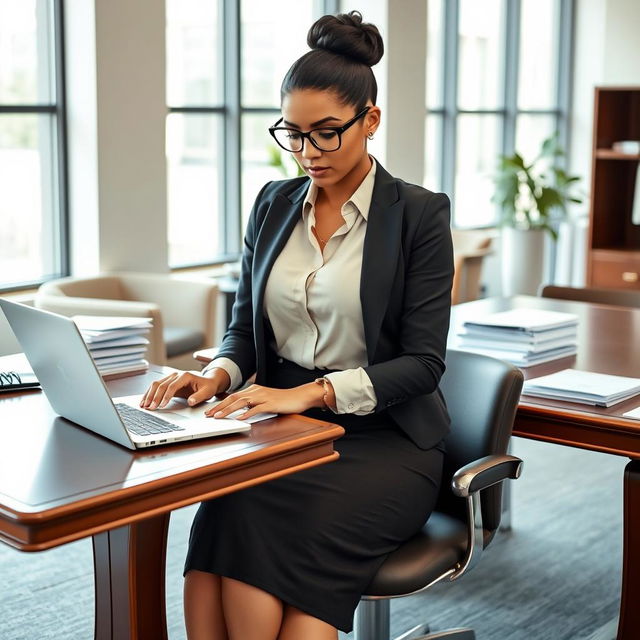 A shapely secretary in a professional office setting, wearing a fitted pencil skirt and a smart blouse