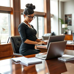 A shapely secretary in a professional office setting, wearing a fitted pencil skirt and a smart blouse