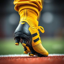 A close-up view of a stylish football boot on a foot, featuring an eye-catching design in yellow and black colors