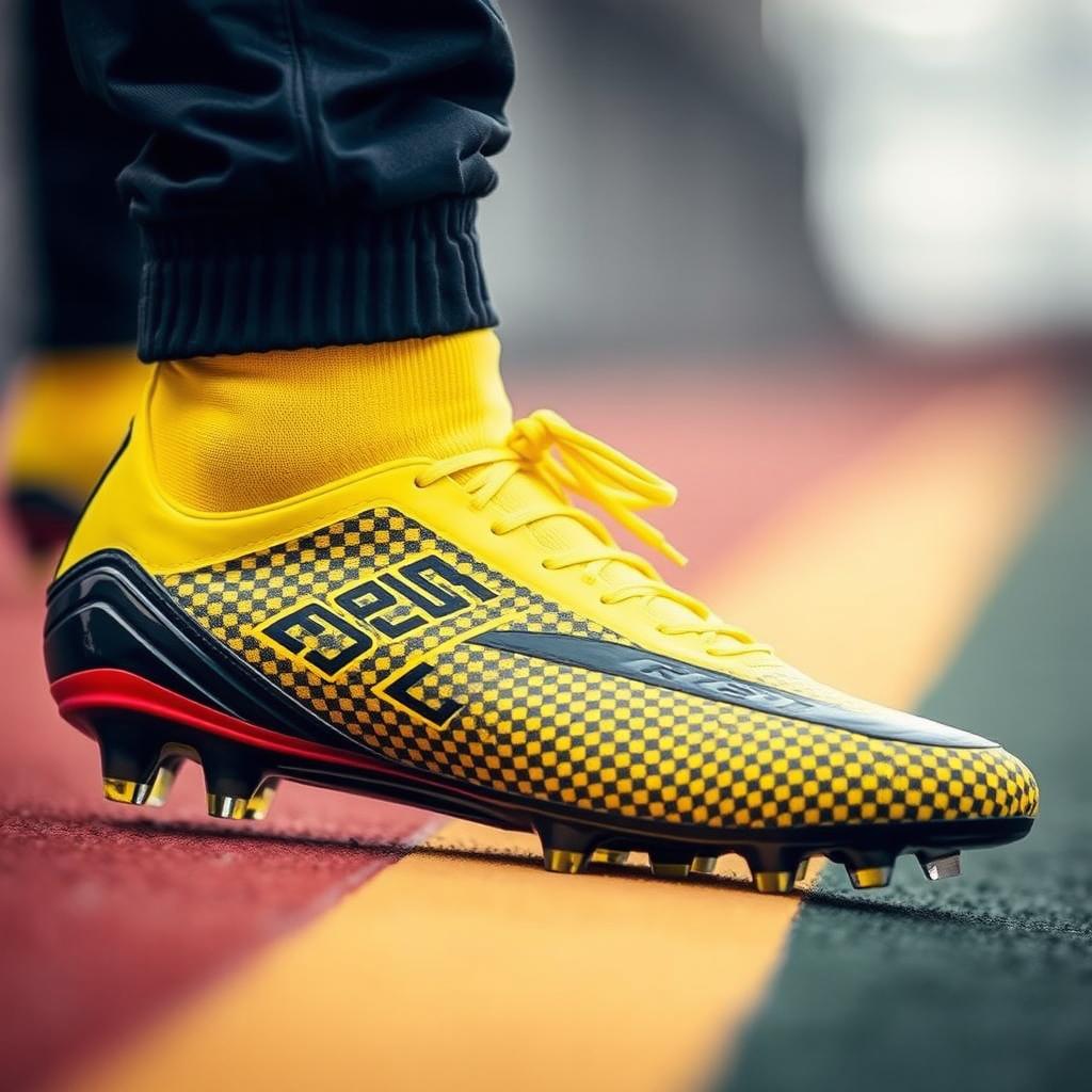 A close-up view of a stylish football boot on a foot, featuring an eye-catching design in yellow and black colors