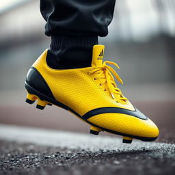 A close-up view of a stylish football boot on a foot, featuring an eye-catching design in yellow and black colors