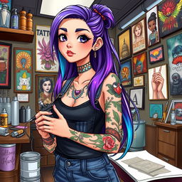 An illustrated tattoo artist girl with vibrant tattoos on her arms and neck, wearing a stylish black tank top and denim overalls, standing in a tattoo studio filled with colorful art on the walls