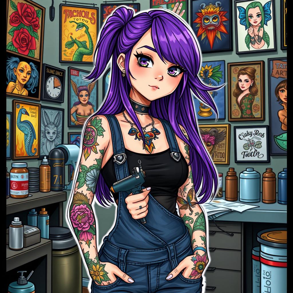 An illustrated tattoo artist girl with vibrant tattoos on her arms and neck, wearing a stylish black tank top and denim overalls, standing in a tattoo studio filled with colorful art on the walls