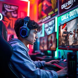 A skilled gamer immersed in a Call of Duty game environment, wearing a modern gaming headset, intensely focused on the screen, displaying emotions of concentration and excitement