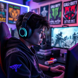 A skilled gamer immersed in a Call of Duty game environment, wearing a modern gaming headset, intensely focused on the screen, displaying emotions of concentration and excitement