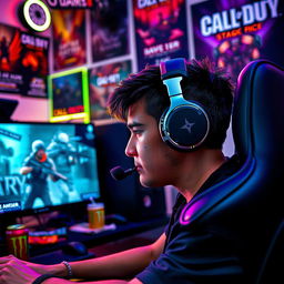 A skilled gamer immersed in a Call of Duty game environment, wearing a modern gaming headset, intensely focused on the screen, displaying emotions of concentration and excitement