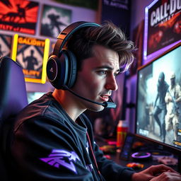 A skilled gamer immersed in a Call of Duty game environment, wearing a modern gaming headset, intensely focused on the screen, displaying emotions of concentration and excitement