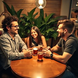 Three friends sitting around a round wooden table, enjoying drinks and laughing together in a cozy café setting