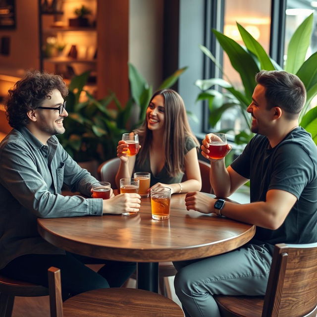 Three friends sitting around a round wooden table, enjoying drinks and laughing together in a cozy café setting