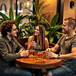 Three friends sitting around a round wooden table, enjoying drinks and laughing together in a cozy café setting