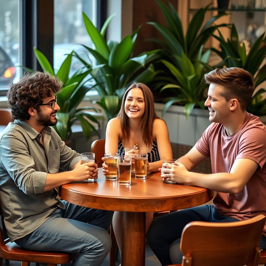 Three friends sitting around a round wooden table, enjoying drinks and laughing together in a cozy café setting