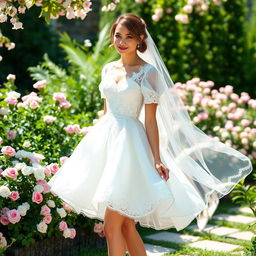 A beautiful white mini wedding dress designed with intricate lace details, a sweetheart neckline, and short puff sleeves