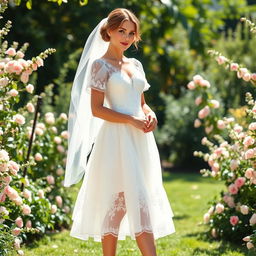 A beautiful white mini wedding dress designed with intricate lace details, a sweetheart neckline, and short puff sleeves