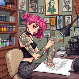 An illustrated working tattoo artist girl in her studio, concentrated on inking a colorful tattoo on a client's arm