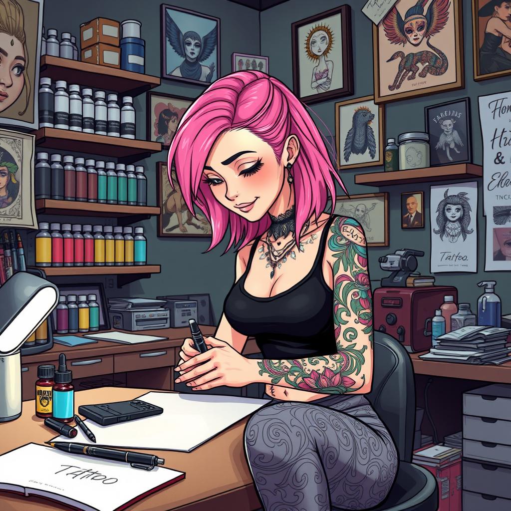 An illustrated working tattoo artist girl in her studio, concentrated on inking a colorful tattoo on a client's arm