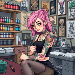 An illustrated working tattoo artist girl in her studio, concentrated on inking a colorful tattoo on a client's arm