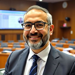 A portrait of a politician named Elhiyar Malekshahi, depicted in a modern legislative setting
