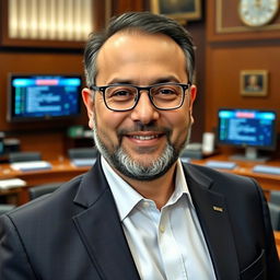 A portrait of a politician named Elhiyar Malekshahi, depicted in a modern legislative setting