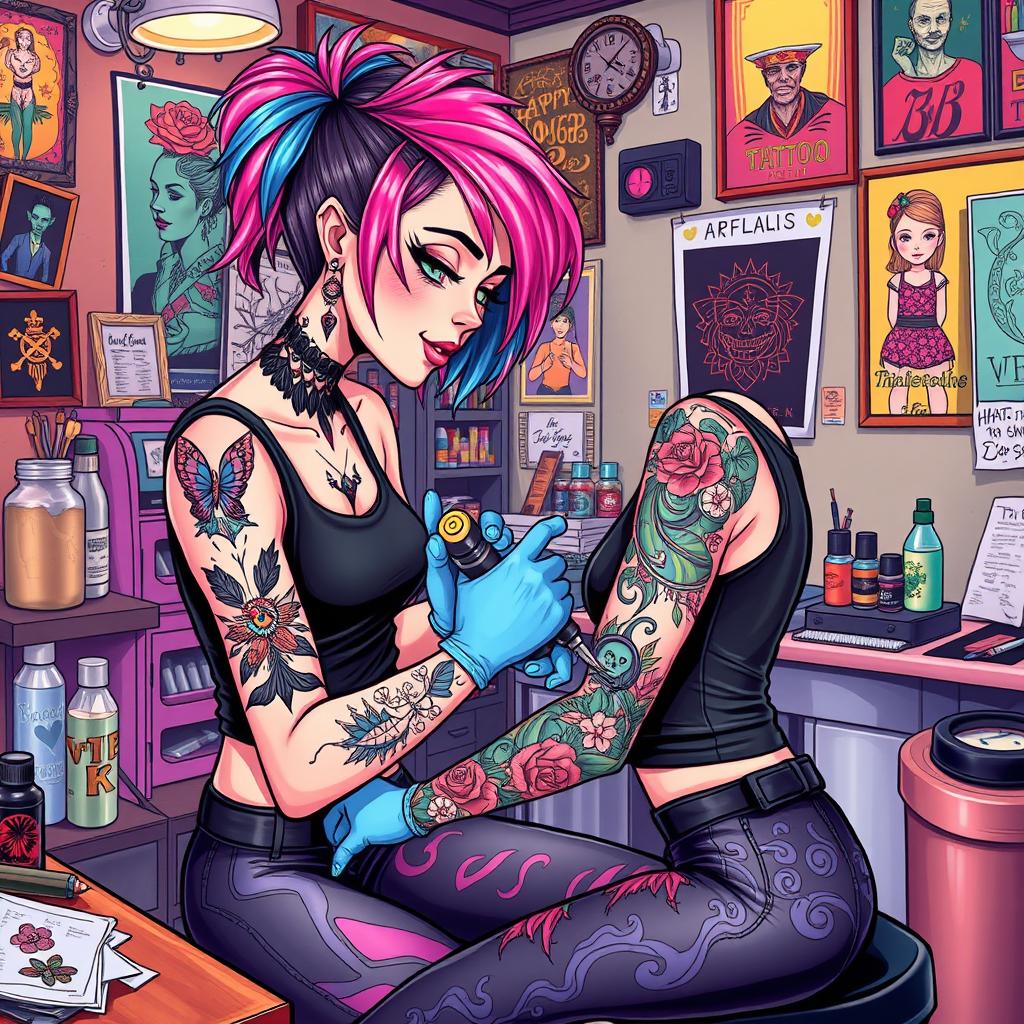 An illustrated tattoo artist girl meticulously inking a vibrant tattoo on a customer's arm in a colorful tattoo studio