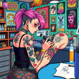 An illustrated tattoo artist girl meticulously inking a vibrant tattoo on a customer's arm in a colorful tattoo studio