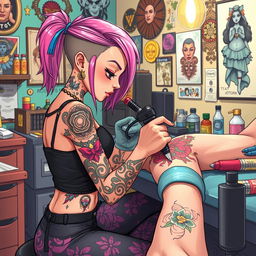 An illustrated tattoo artist girl meticulously inking a vibrant tattoo on a customer's arm in a colorful tattoo studio