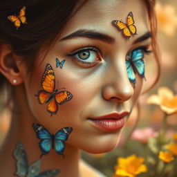 A close-up portrait of a woman whose face is beautifully and artistically decorated with butterfly patterns