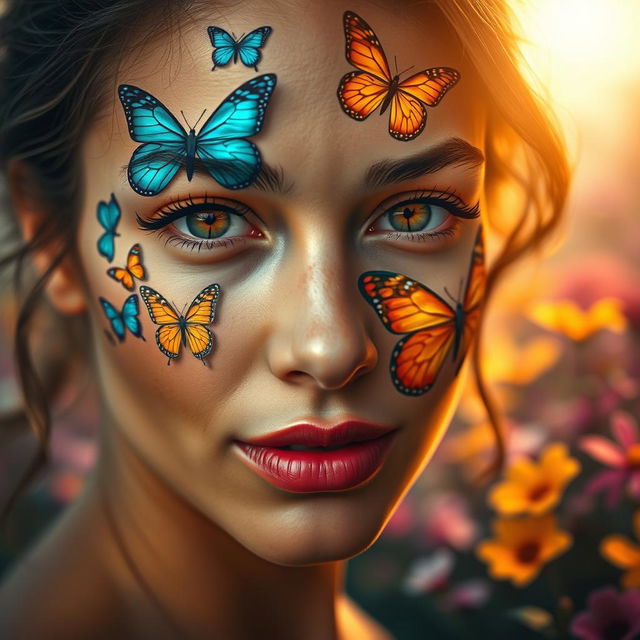 A close-up portrait of a woman whose face is beautifully and artistically decorated with butterfly patterns