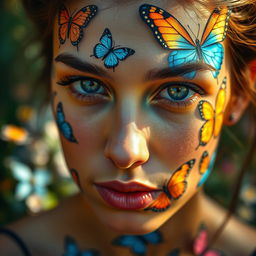 A close-up portrait of a woman whose face is beautifully and artistically decorated with butterfly patterns