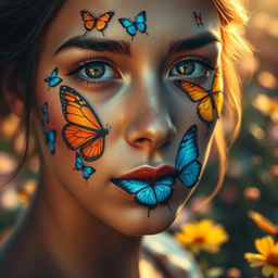 A close-up portrait of a woman whose face is beautifully and artistically decorated with butterfly patterns