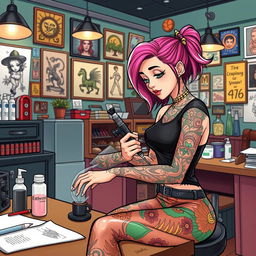An illustrated tattoo artist girl passionately creating a detailed tattoo on a customer's arm in a lively tattoo studio