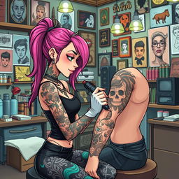 An illustrated tattoo artist girl passionately creating a detailed tattoo on a customer's arm in a lively tattoo studio