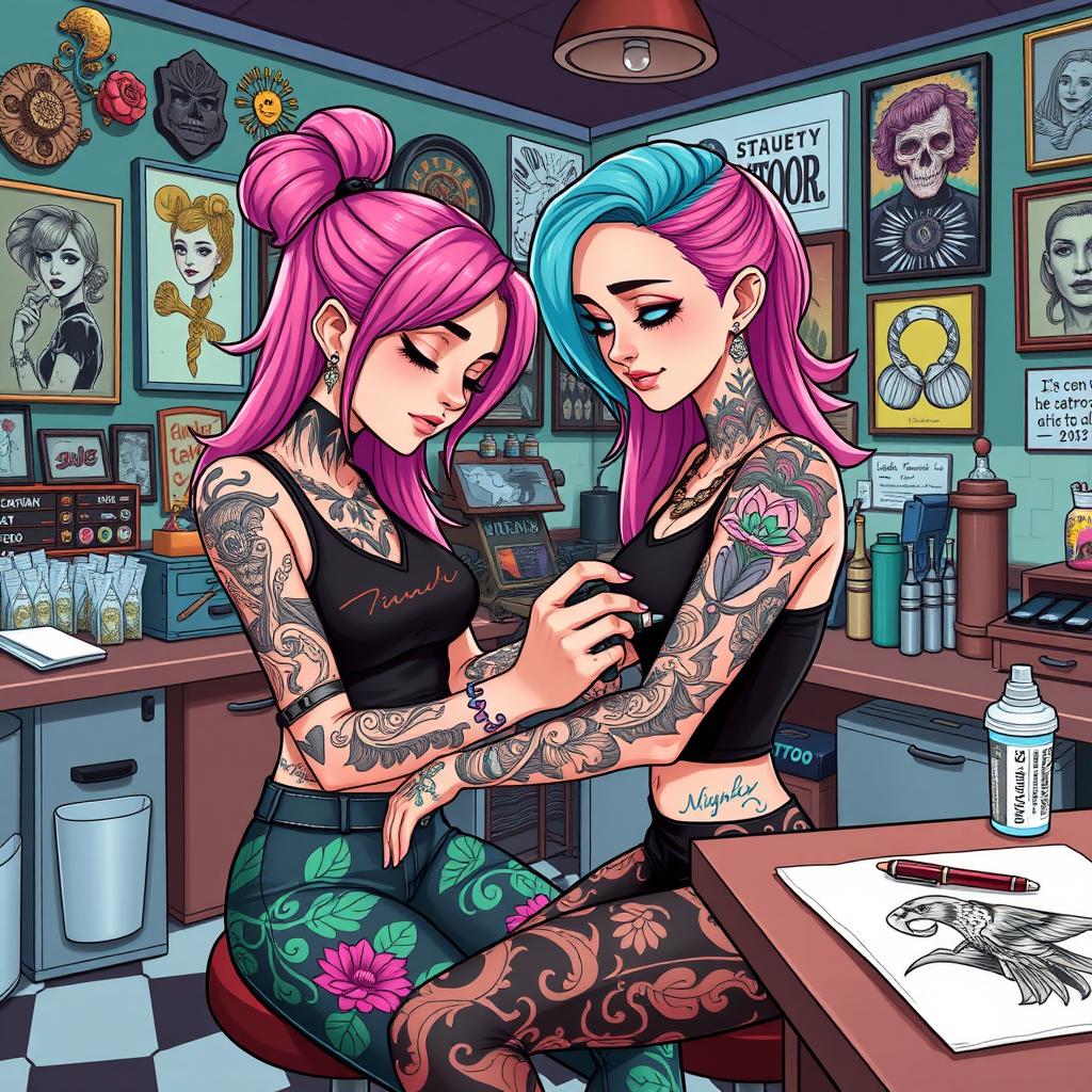 An illustrated tattoo artist girl passionately creating a detailed tattoo on a customer's arm in a lively tattoo studio