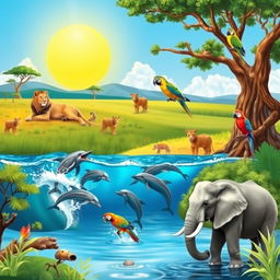 A vibrant and lively scene featuring a variety of animals in their natural habitat