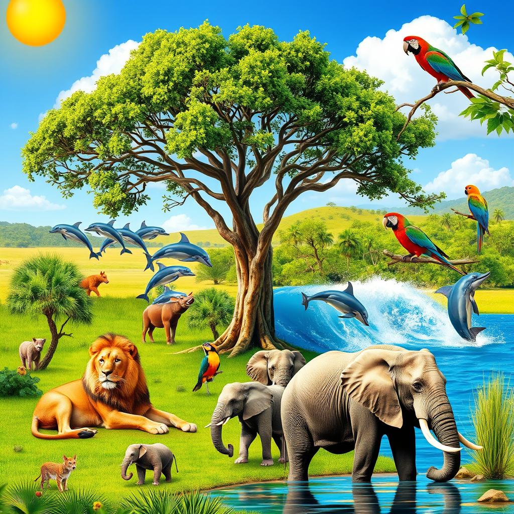 A vibrant and lively scene featuring a variety of animals in their natural habitat