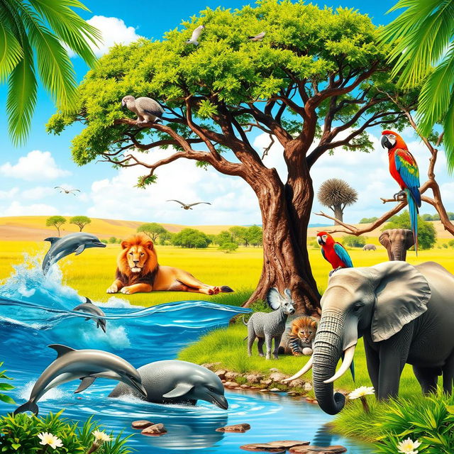 A vibrant and lively scene featuring a variety of animals in their natural habitat