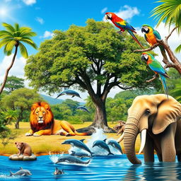 A vibrant and lively scene featuring a variety of animals in their natural habitat