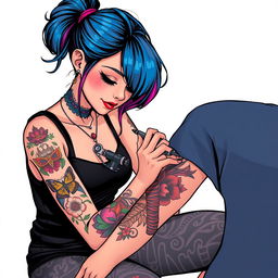 An illustrated tattoo artist girl intently working on a client's arm, in the process of inking a colorful tattoo