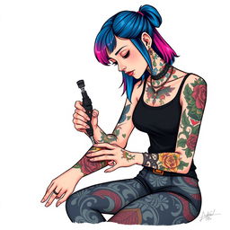 An illustrated tattoo artist girl intently working on a client's arm, in the process of inking a colorful tattoo