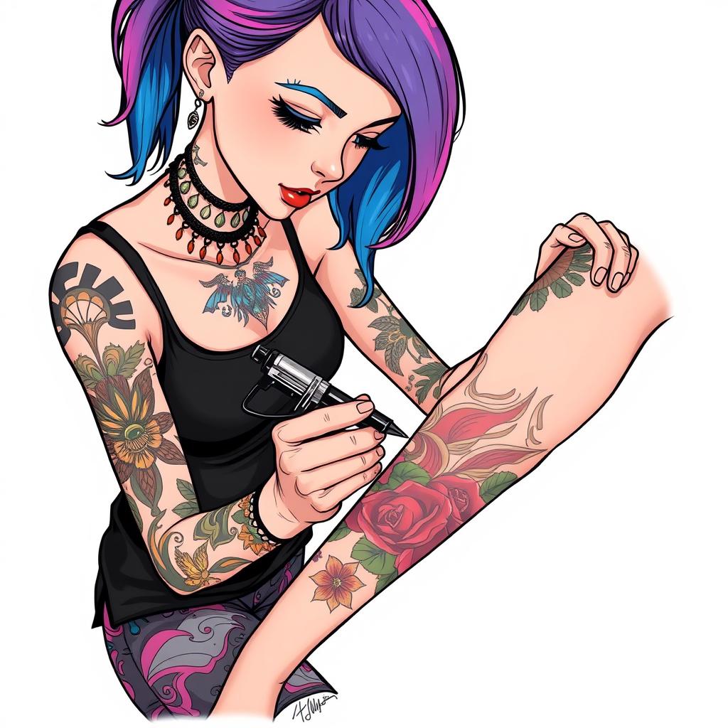An illustrated tattoo artist girl intently working on a client's arm, in the process of inking a colorful tattoo