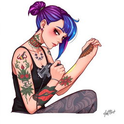 An illustrated tattoo artist girl intently working on a client's arm, in the process of inking a colorful tattoo