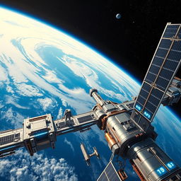 A futuristic space station orbiting Earth, designed with sleek, shiny metallic surfaces and large observation windows