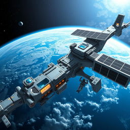 A futuristic space station orbiting Earth, designed with sleek, shiny metallic surfaces and large observation windows