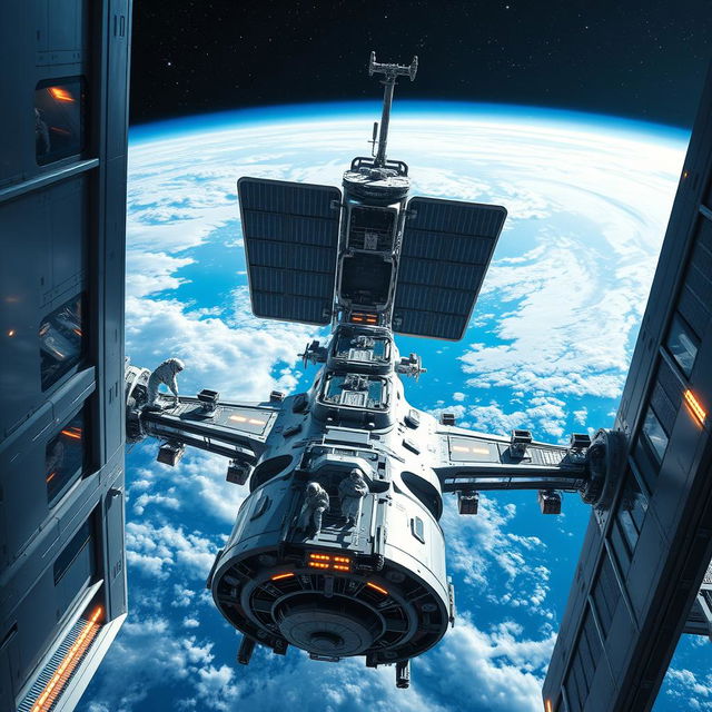 A futuristic space station orbiting Earth, designed with sleek, shiny metallic surfaces and large observation windows