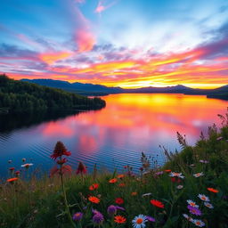 A beautifully serene landscape featuring a vibrant sunset over a calm lake, surrounded by lush green forests and distant mountains