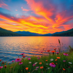 A beautifully serene landscape featuring a vibrant sunset over a calm lake, surrounded by lush green forests and distant mountains