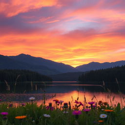 A beautifully serene landscape featuring a vibrant sunset over a calm lake, surrounded by lush green forests and distant mountains