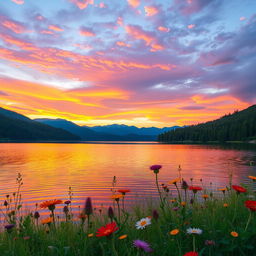 A beautifully serene landscape featuring a vibrant sunset over a calm lake, surrounded by lush green forests and distant mountains