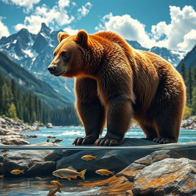 A majestic brown bear standing on a rocky riverbank, its thick fur glistening in the sunlight, surrounded by a lush green forest